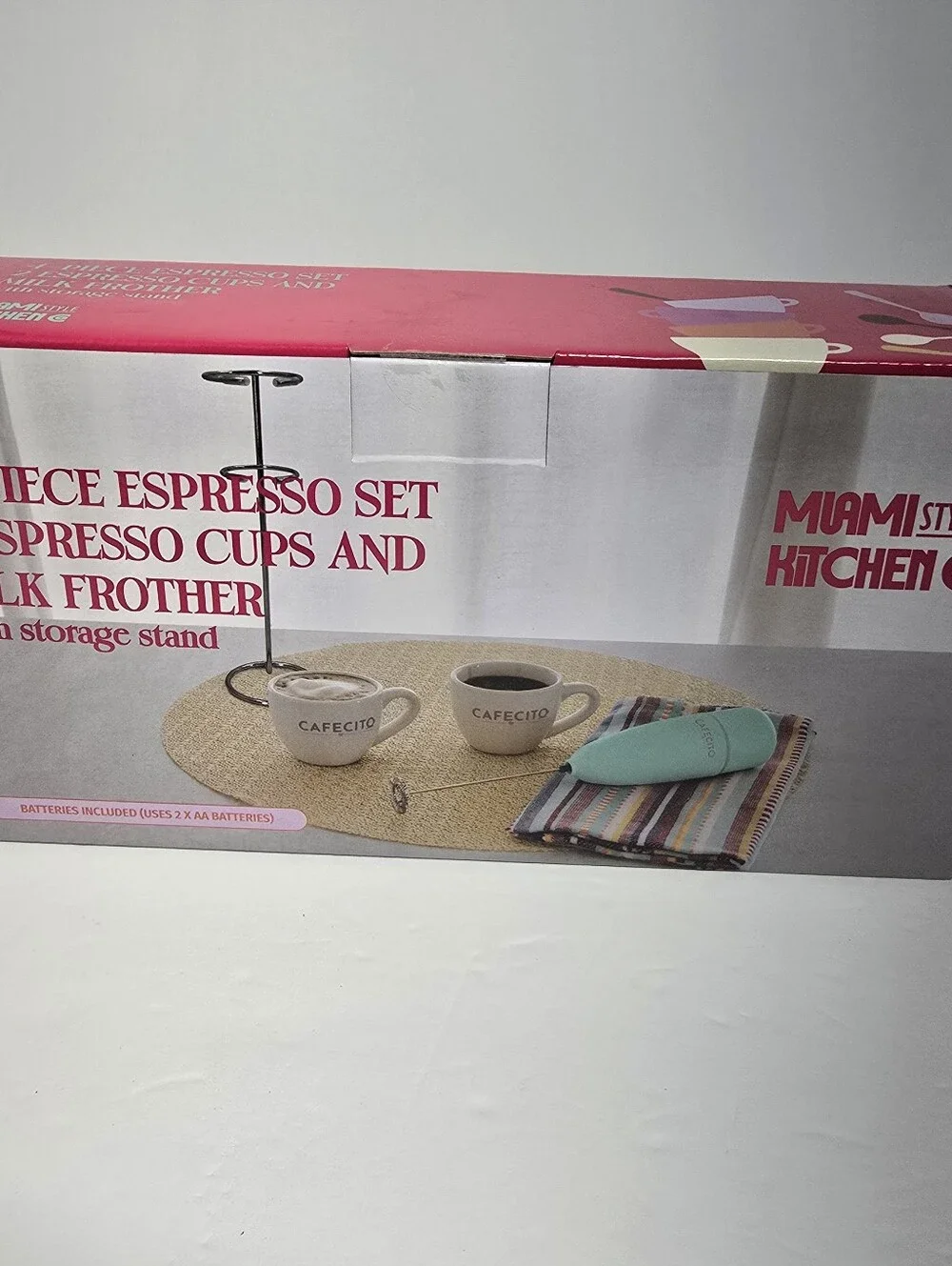 NIB Miami Style Kitchen 4-PC Espresso Set And Milk Frother With Storage Stand